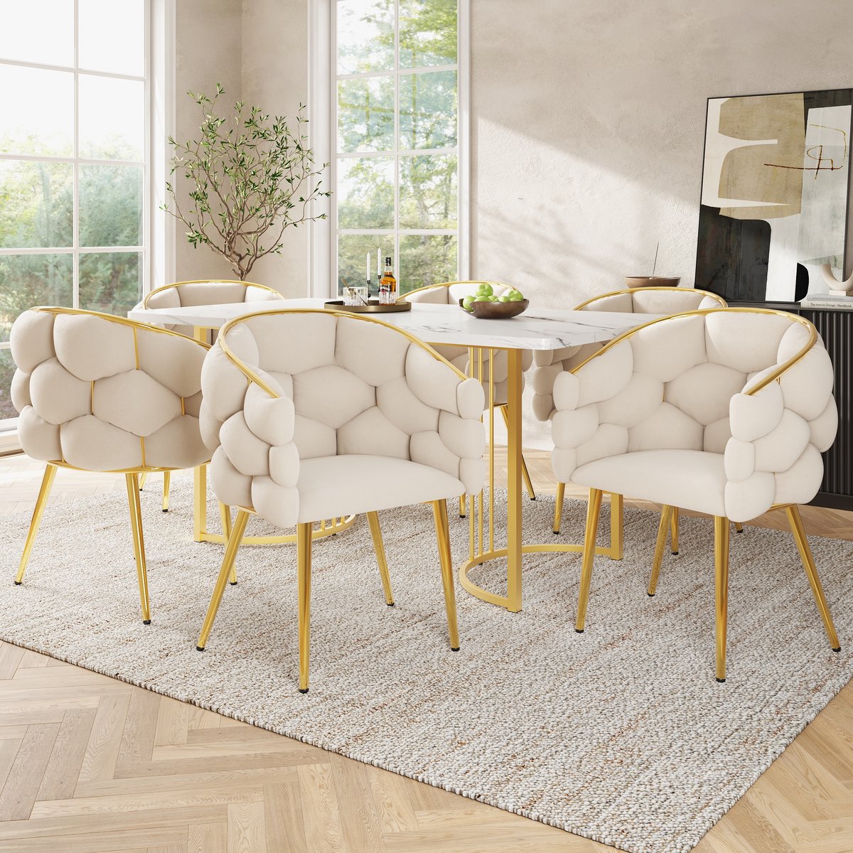 STILVORA Eetkamerstoel 44 X 41 X 74 Cm - Set Van 6 - Zachte Zitting Met Ergonomische Rugsteun - Voor Eetkamer Woonkamer - Velvet Beige