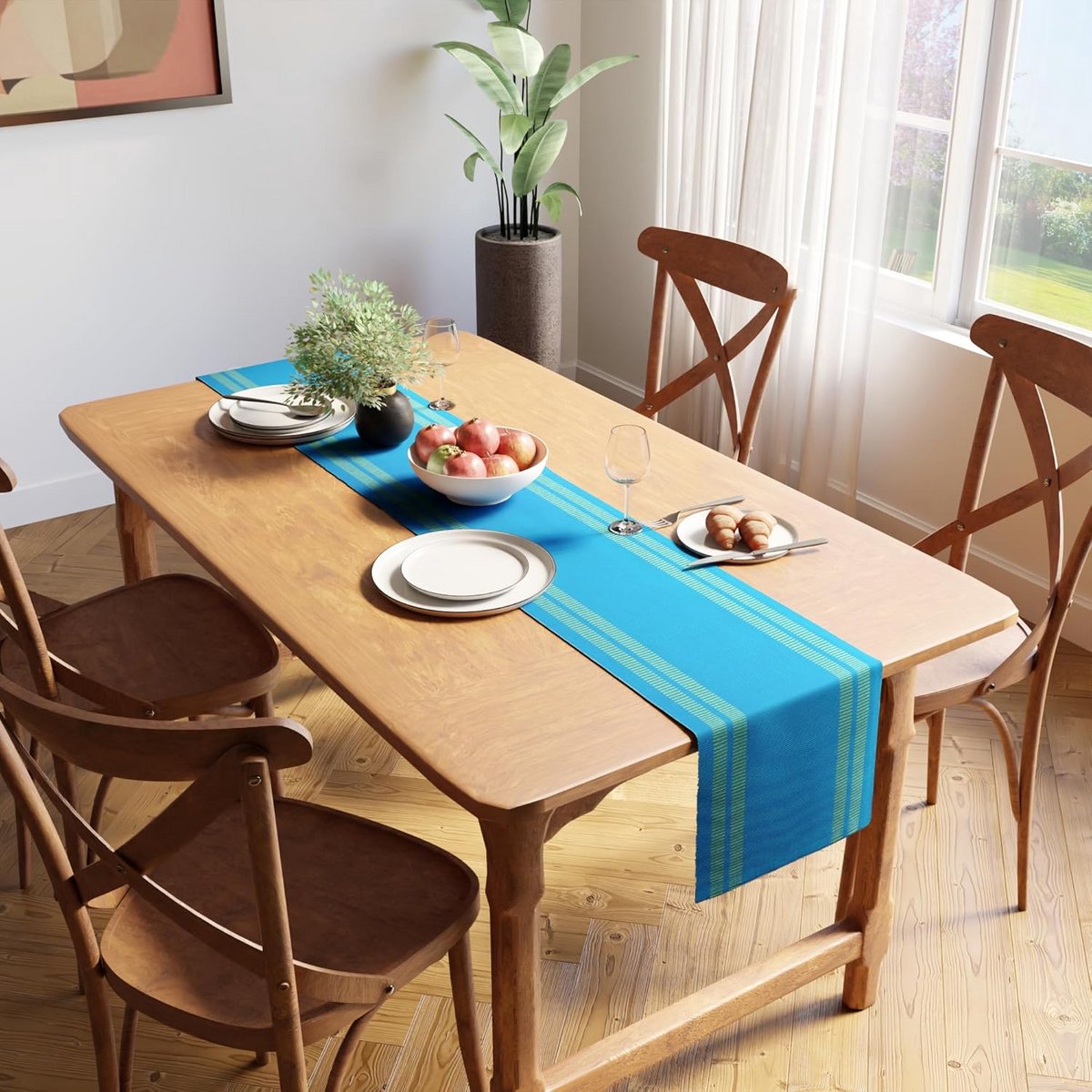 Tafelrunner Katoen Ladder Turquoise 33 x 159 cm Fijn Geribd Duurzaam Wasbaar
