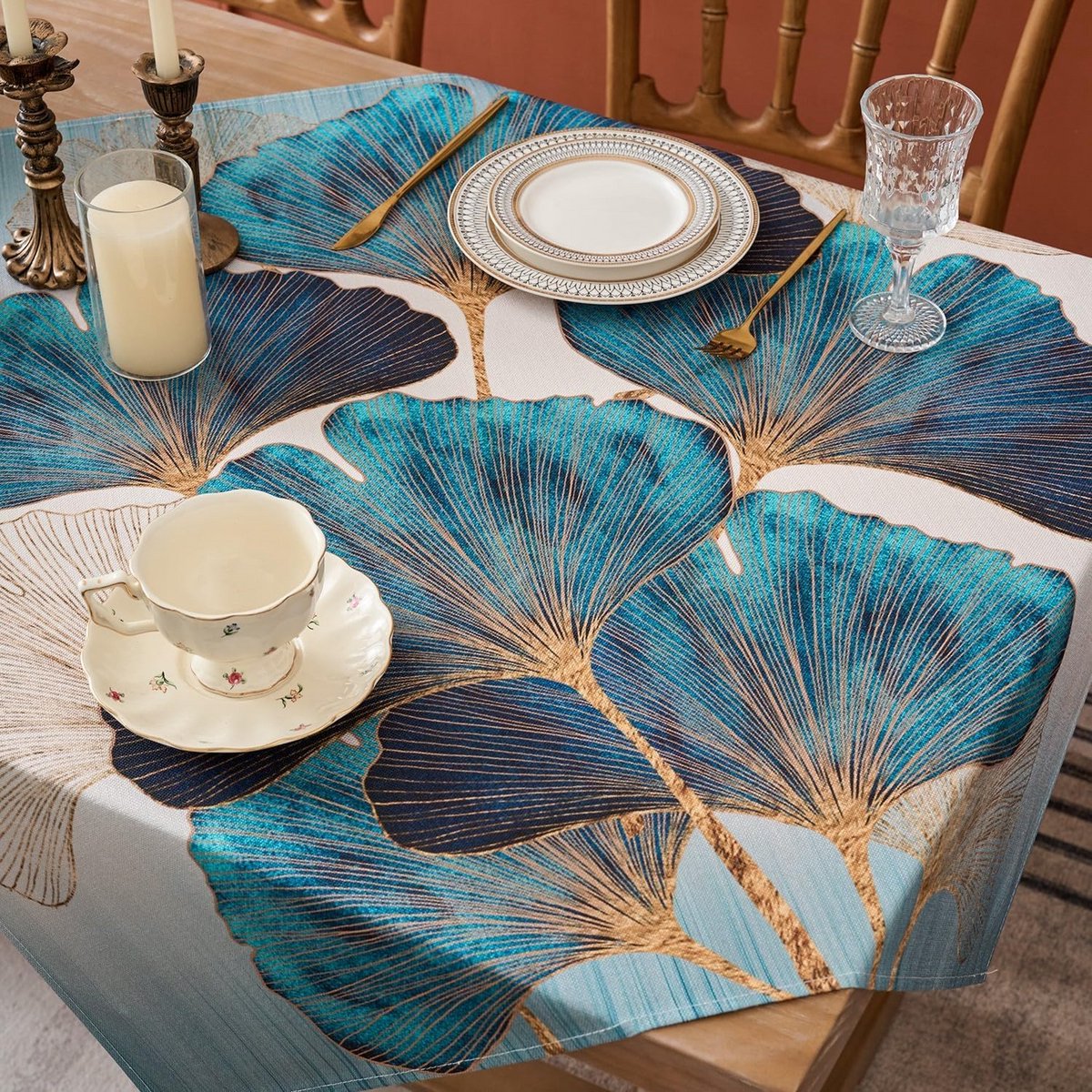 Vierkante Tafelkleed Blauw Groen Goud Ginkgo Herfst Decoratie 100x100 cm