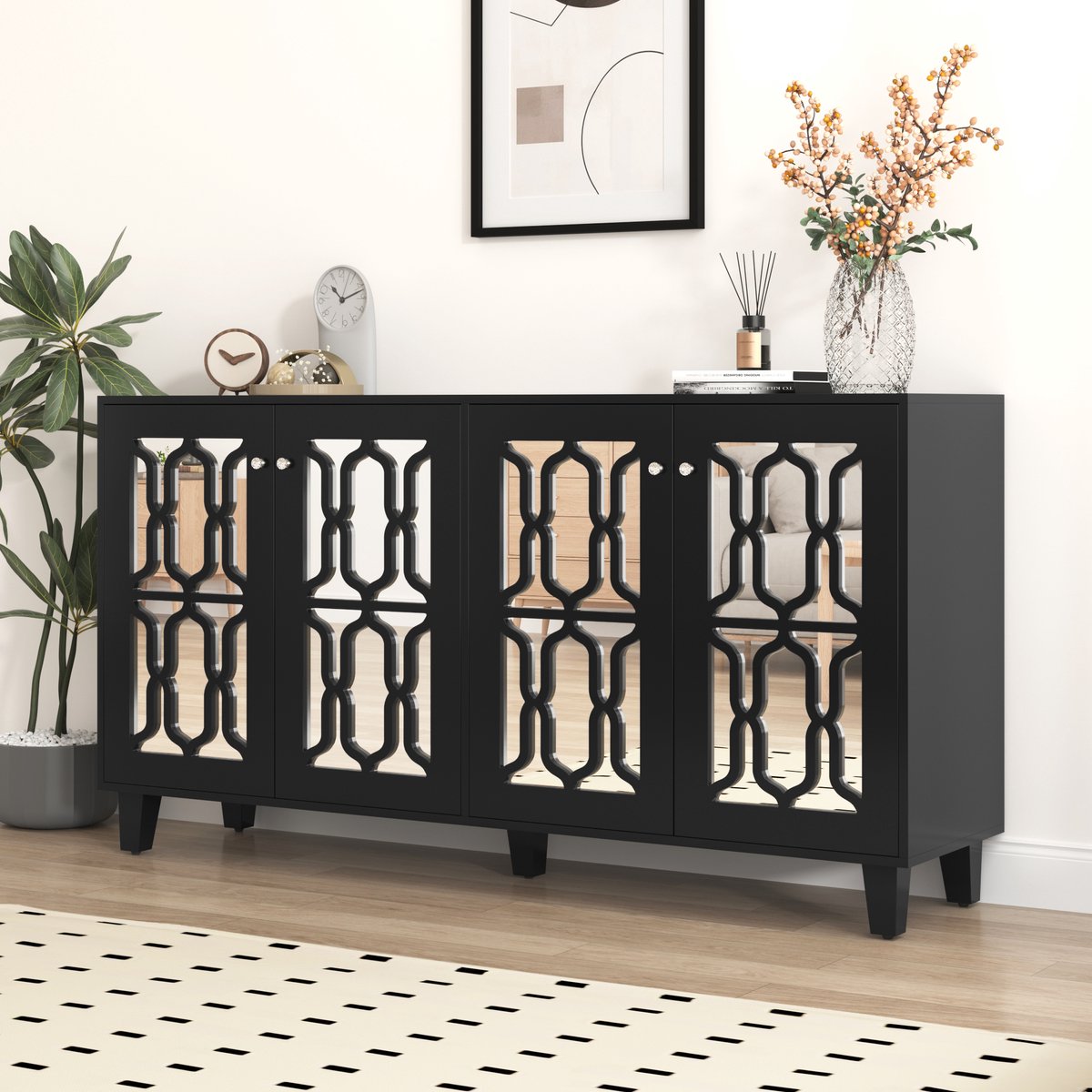 HAUSS SPOLE Dressoir - Zwart Spiegeloppervlak Met Kristalgrepen - 4 Deuren En Verstelbare Planken Voor Woonkamer En Eetkamer - MDF - 160x40x84 cm