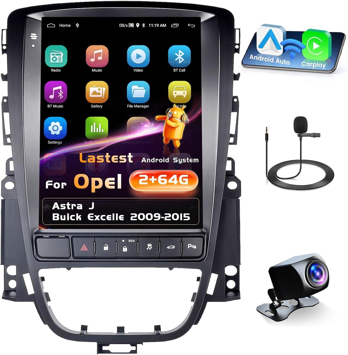 9.7 Inch Android 15 Autoradio voor Opel Astra J/Buick Excelle 2009-2015 met Draadloze CarPlay & Android Auto, GPS, WiFi