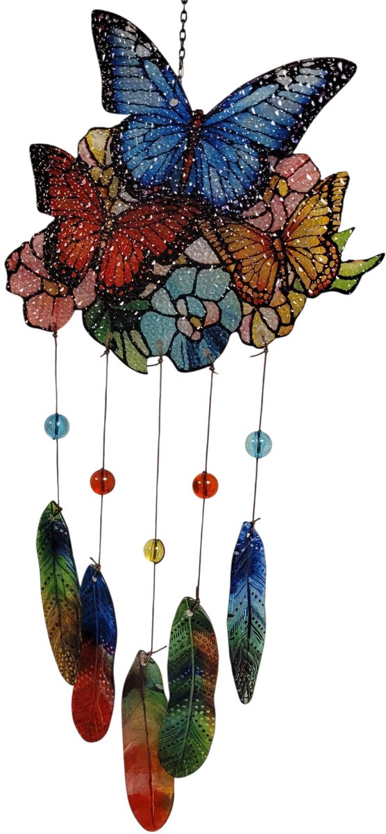 Windspel tuindecoratie vlinders - 20x48 cm gekleurd glas - handgemaakt