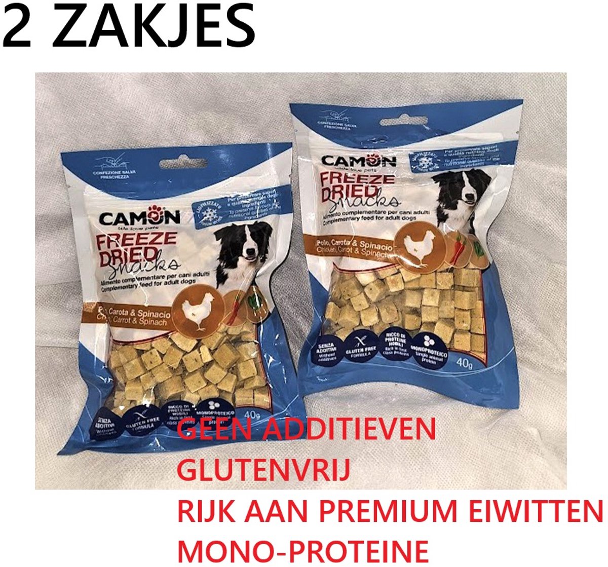 **2 X ** CAMON hondensnack - gevriesdroogde kippenblokjes met wortel en spinazie 40 gr = 80 gr - glutenvrij - geen additieven - monoproteine - rijk aan premiumeiwitten - lekker en gezond