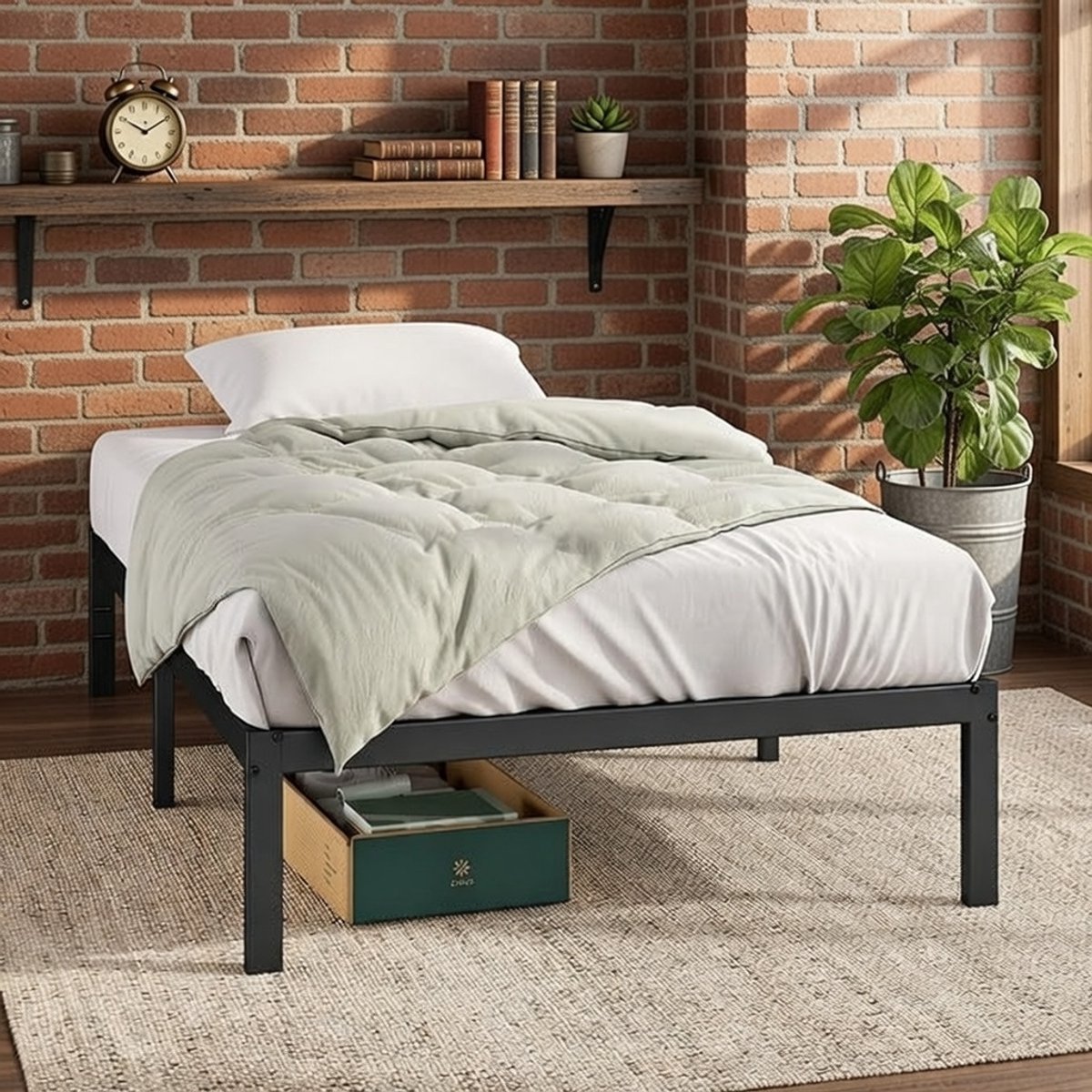 Elias SteelLine – Metalen Bedframe 90x200 cm – Zwart Stalen Eenpersoonsbed met 36 cm Opbergruimte en lattenbodemCasa Serena