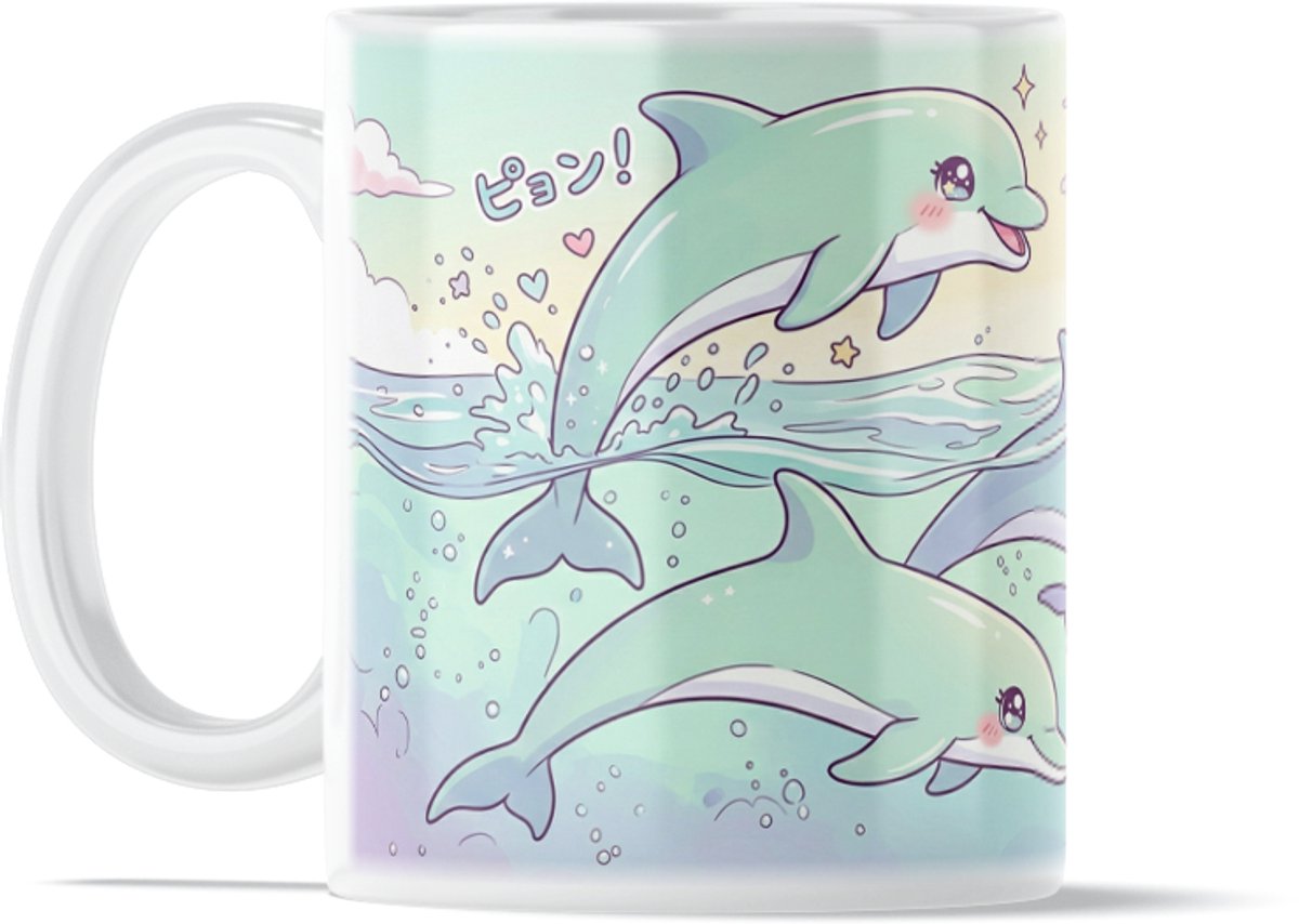 Kawaii Dolfijn Mok - Schattige Dolfijnen in de Zee Cadeau voor haar: Vrouw, Vriendin of Collega - Blauwe Oceaan Dieren Beker - Japanse Anime Stijl Drinkmok - Vrolijke Zon en Water Illustratie - Lief Cadeautje Afscheid of Nieuwe Baan