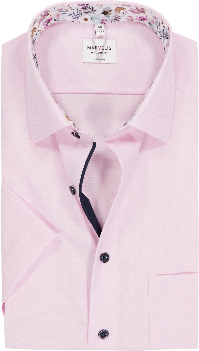 MARVELIS modern fit overhemd - korte mouw - fil a fil - roze - Strijkvrij - Boordmaat: 40 (EU maat: M)