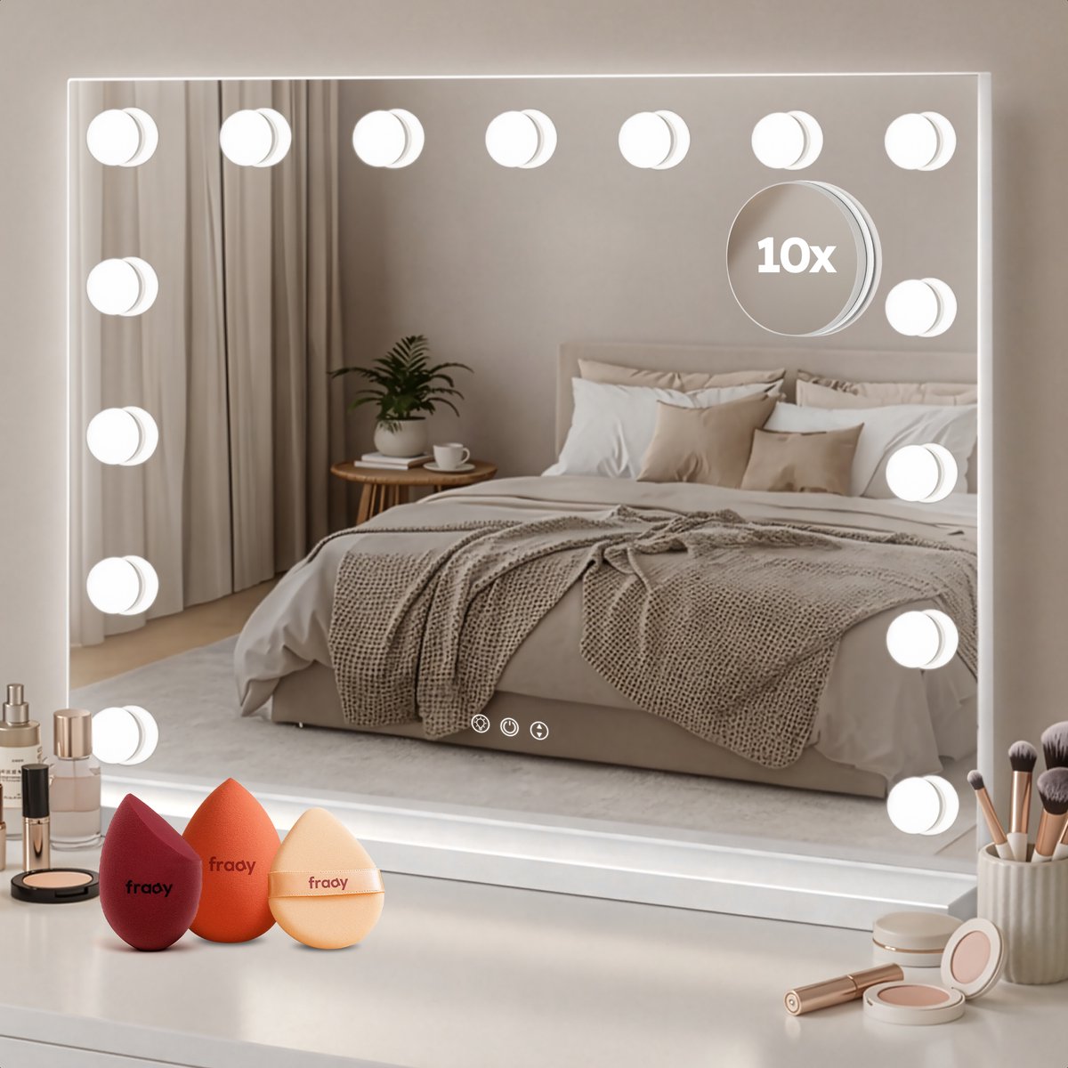Fraay Hollywood Spiegel 60x50CM - met Beauty Blenders - 15x Led Lampen - 10x Vergroting - Dimbaar - 3 Lichtstanden - Smart Touch - Hollywood Spiegel met Verlichting - Spiegel met Verlichting - Make Up Spiegel - Visagie Spiegel - Vanity Mirror