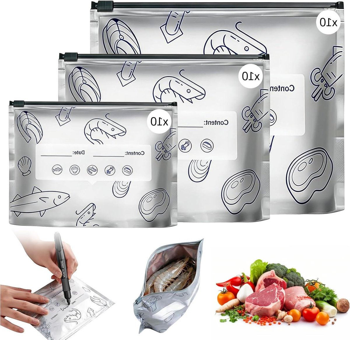 Herbruikbare Vrieszakken met Zipper voor Voedselopslag - Aluminiumfolie - 30 stuks