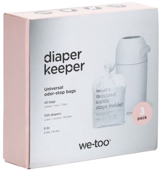 Doos met "diaper keeper" opdruk, universele geurzakjes 45 stuks, 1125 luiers, 8 liter, 3 pak.