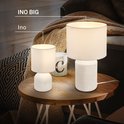 Twee witte tafellampen met geribbelde voet; een kleine en een grotere 'INO BIG'.