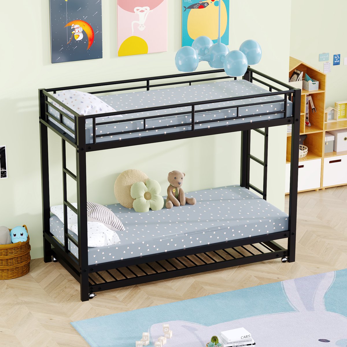 HAUSS SPOLE Stapelbed 90x200 cm - Met Uitschuifbed En Hoog Veiligheidshek - Stevig Metalen Frame - Zonder Matras - Zwart