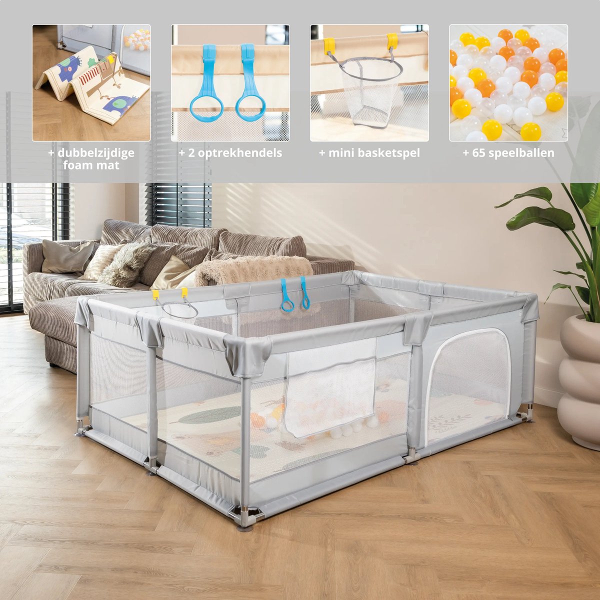 Baby Grondbox – Speelbox – Kinderbox – Playpen – Kruipbox – Babybox – Ballenbak – 120 x 180 cm – Met Foam Speelmat – Met Speelballen – Met Basket Net – Met 2 Optrekhandvatten – Met Rits Opening – Lichtgrijs