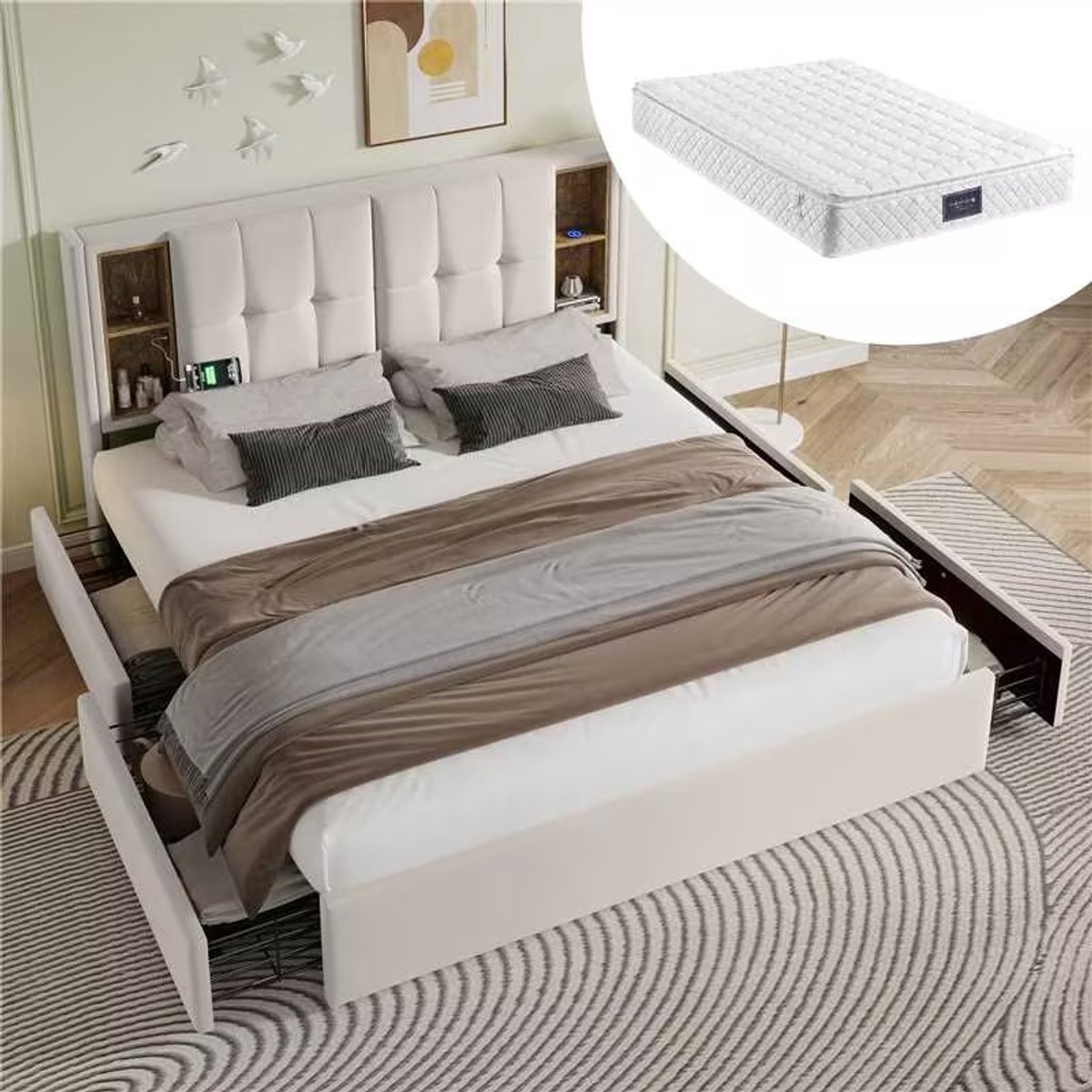 HAUSS SPOLE Gestoffeerd Bed 160x200cm - Tweepersoonsbed met Draadloos Opladen en USB-C - 4 Grote Lades - Fluweel - Beige - Zonder matras