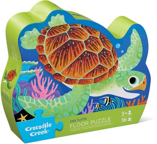 Een zeeschildpad vloerpuzzeldoos met een afbeelding van een zeeschildpad en de tekst 'sea turtle FLOOR PUZZLE'.