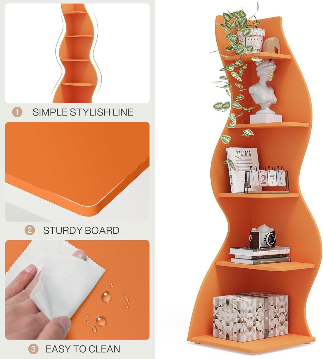 Hoekboekenkast 5 Niveaus – Casa Velluto Modern Opbergrek & Boekenplank – Plantenstandaard en Organizer voor Woonkamer, Keuken en Thuiskantoor – 48 x 48 x 178 cm –Oranje, Industrieel & Rustiek Design