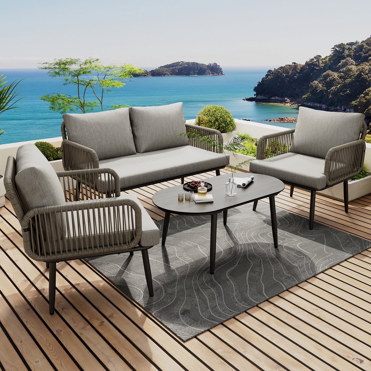 Tuinmeubelset - 2-Zits Bank 2 Stoelen en Tafel - Comfortkussens - Touw en Staal - Grijs