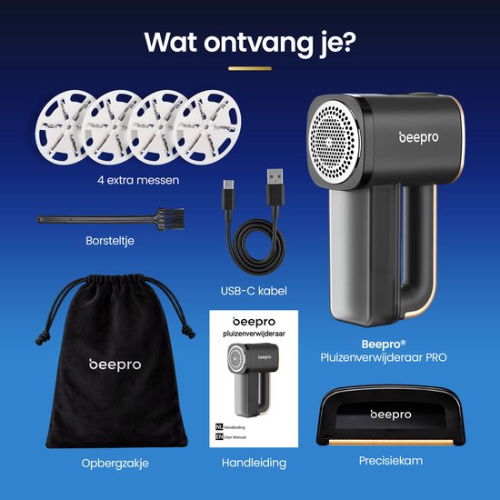 Overzicht van wat je ontvangt: 4 extra messen, borsteltje, opbergzakje, handleiding, USB-C kabel, pluizenverwijderaar en precisiekam. De tekst vraagt: "Wat ontvang je?"