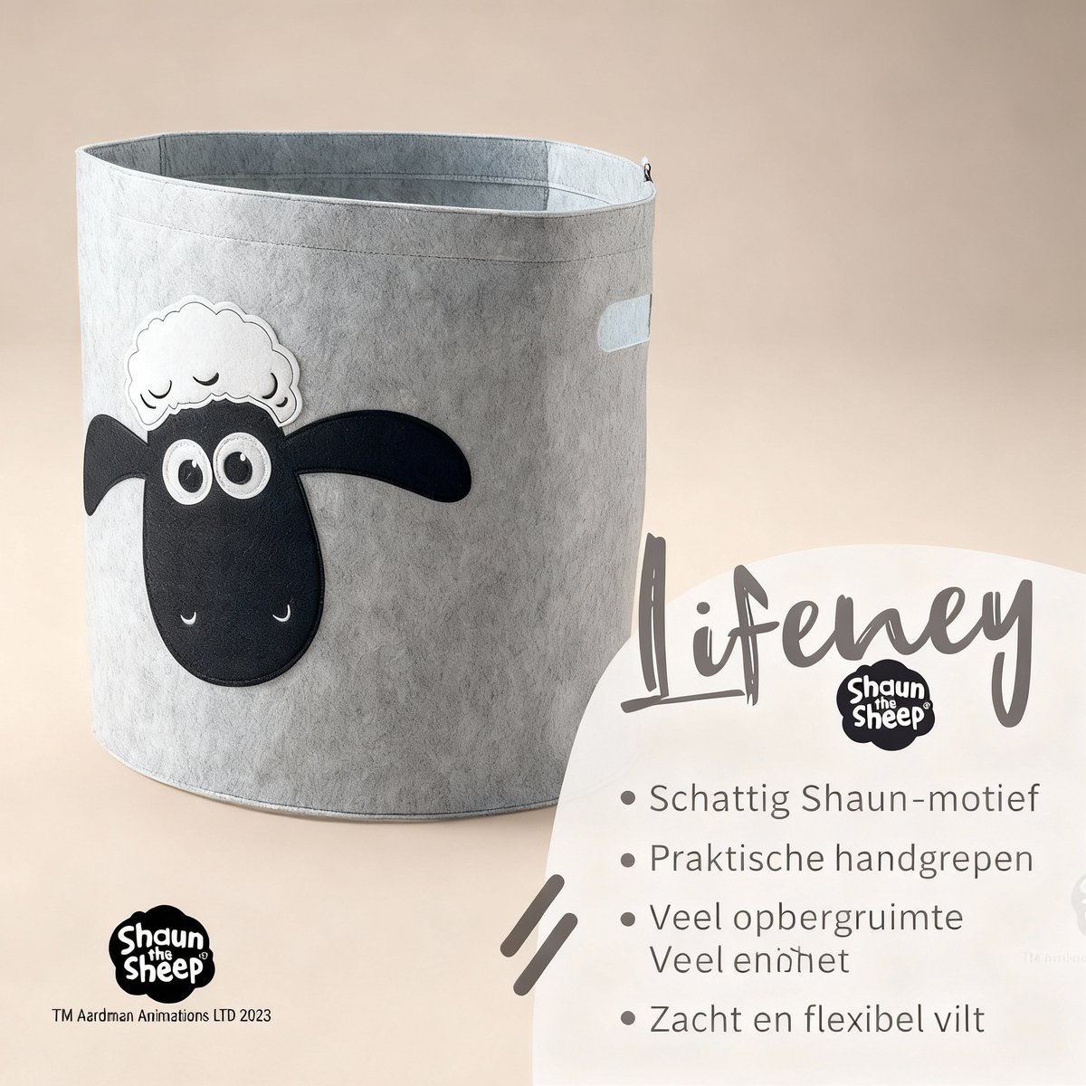 Vuilnismand grijs vilt met schaapshoofd motief Lifeney Shaun het schaap