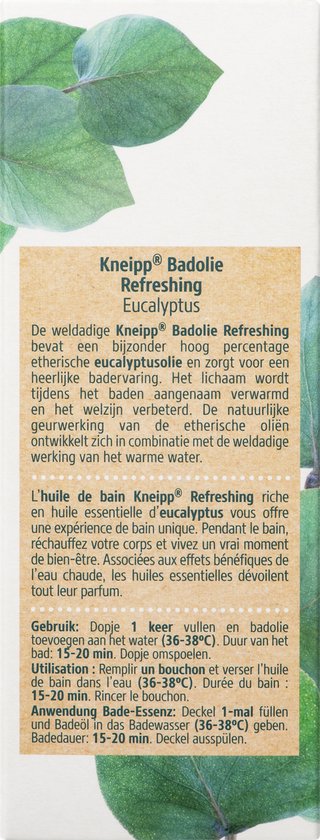 Achterkant van de verpakking van Kneipp Badolie Refreshing Eucalyptus met tekst in het Nederlands en Frans.