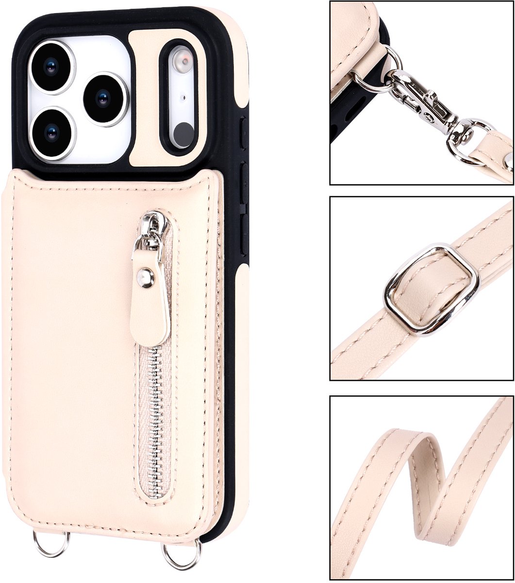 Casemania Hoesje Geschikt voor Apple iPhone 17 Pro Max - Beige - Luxe Back Cover met Koord en Rits - Wallet Case met Pasjeshouder - Lanyard Telefoonhoes - Cord Case