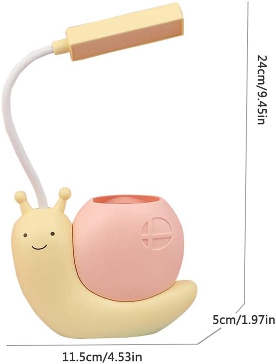LED Kinder Bureaulamp met Pennenhouder - USB Oplaadbare Slakvormige Tafellamp - Oogbescherming Studie Lamp - 360° Verstelbare Hals - Geel van Oneay — afbeelding 2