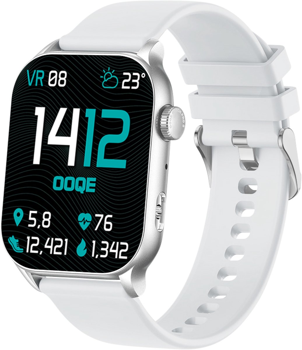 OOQE WATCH PRO 8 - Smartwatch Heren en Dames | Geschikt voor iOS en Android | AMOLED | Notificaties | Gezondheidsanalyse | Sportanalyse | GPS Koppeling | Bellen | Muziek/Audio Luisteren | Ergonomisch | Nederlandstalig | Wit