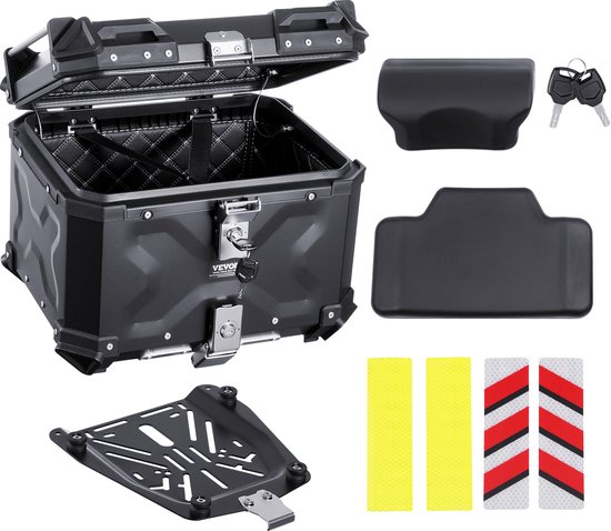 Top case de moto noir en aluminium, ouvert avec intérieur visible. Comprend une plaque de montage, des dossiers, des clés et des autocollants.