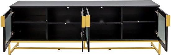 Meuble TV Noir-doré 180x40x60 cm Meuble TV Moderne Luxe avec Portes Vitrées et Pieds Métalliques pour Salon