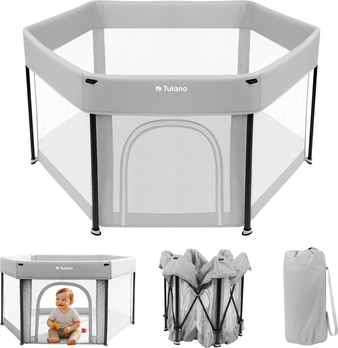 Tulano - Cozy 30 - babybox - kinderbox – 125 cm – voor binnen en buiten – grijs/wit – ademend gaas – EN71-gecertificeerd – 6 tot 36 maanden