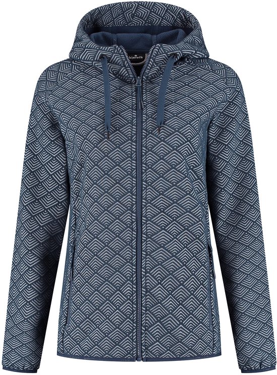 Donkerblauwe outdoorvest met capuchon, geometrisch patroon in lichtblauw en rits.