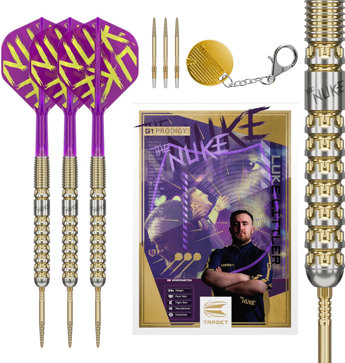 Target Darts Luke Littler Gen 1 Prodigy Steel Tip Swiss Point Darts 24G - 90% Tungsten Barrels met K-Flex Flights en Shafts - Inclusief Premium Swiss Point Tool en Opbergdoos