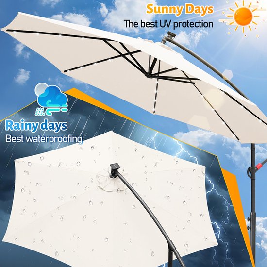 Zweefparasol - Ø300 cm - Solar LED 24 - Incl. Kruisvoet 100x100 cm - UV 50+ (UPF) - Kantelbaar in meerdere standen - Waterdicht Polyester - Ventilatie - Handzwengel Beige