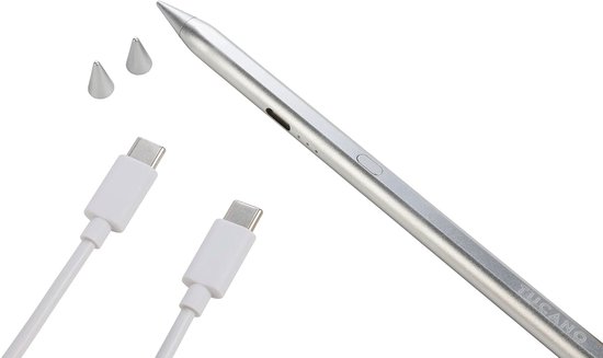Zilverkleurige stylus met 2 reservespitsen en 2 USB-C kabels