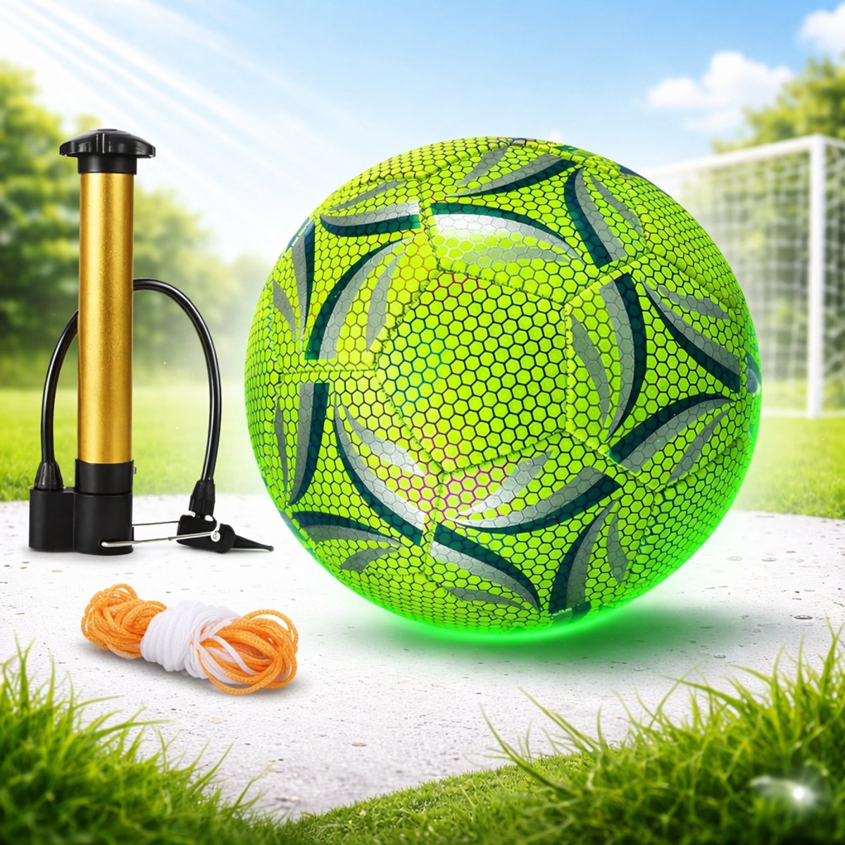 Dutchers® Lichtgevende Voetbal - Inclusief ballenpomp, naald en balnet - 21,5 cm - Glow in the dark Bal - Special Effect tijdens sport en spel - Reflecterend - Fun - Straat en Grasveld- perfect cadeau voor kinderen