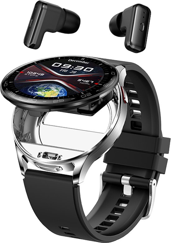 Zwarte smartwatch met een display dat de aarde toont, met twee oordopjes erboven.