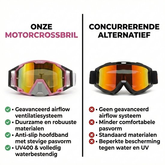 Vergelijking van roze Thor crossbril met spiegelend vizier en witte band met zwarte Thor logo, naast zwarte bril met oranje vizier.
