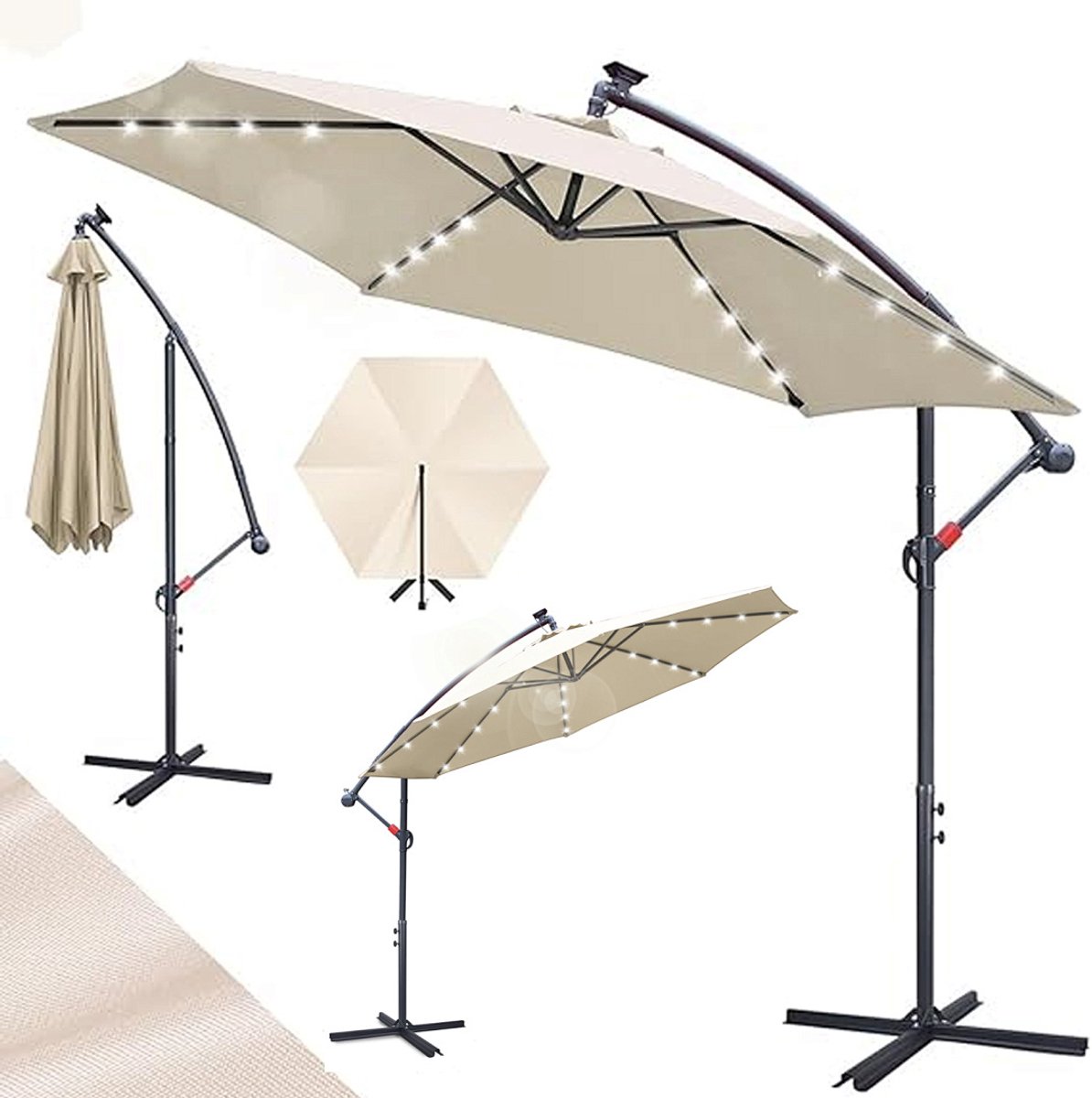 Zweefparasol met Solar LED - Ø 300 cm - Incl. Kruisvoet + Windkoord - UV50+ UPF 50+ - Kantelbaar meerdere hoeken voor optimale schaduw - Waterdicht doek met ventilatiedak - Compact opbergen met handzwengel Beige