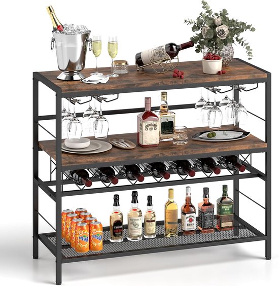 Drie-laags bartafel met metalen frame en houten planken, gevuld met flessen, blikjes, glazen en decoraties.