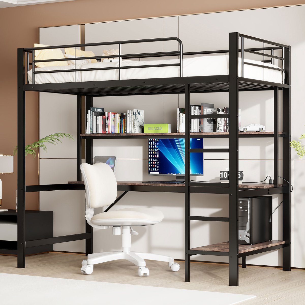 MODFU Hoogslaper 90x200 cm van metaal en MDF – zwart – met bureau, schappen, LED, USB en stopcontact – voor thuisstudie