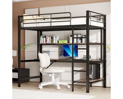 MODFU Hoogslaper 90x200 cm van metaal en MDF – zwart – met bureau, schappen, LED, USB en stopcontact – voor thuisstudie