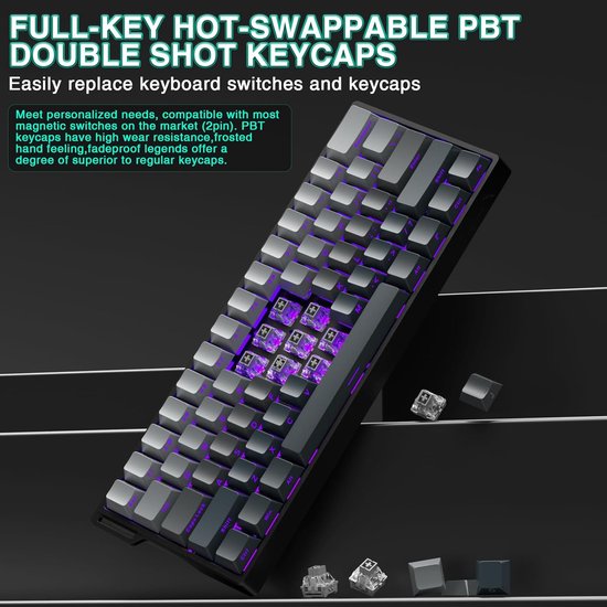 Een toetsenbord met losse PBT keycaps en paarse RGB-verlichting.