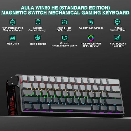 Wit en grijs 60% compact toetsenbord met RGB-verlichting en pictogrammen.