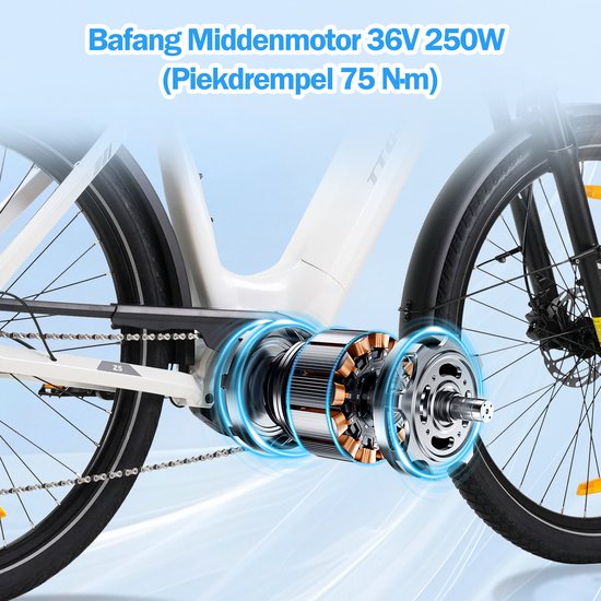 TTGO Elektrische Fiets - Stadsfiets 27.5 Inch - Middenmotor - 18Ah Accu tot 120 km - Shimano 9 Versnellingen - Hydraulische Schijfremmen - Wit van TTGO — afbeelding 3