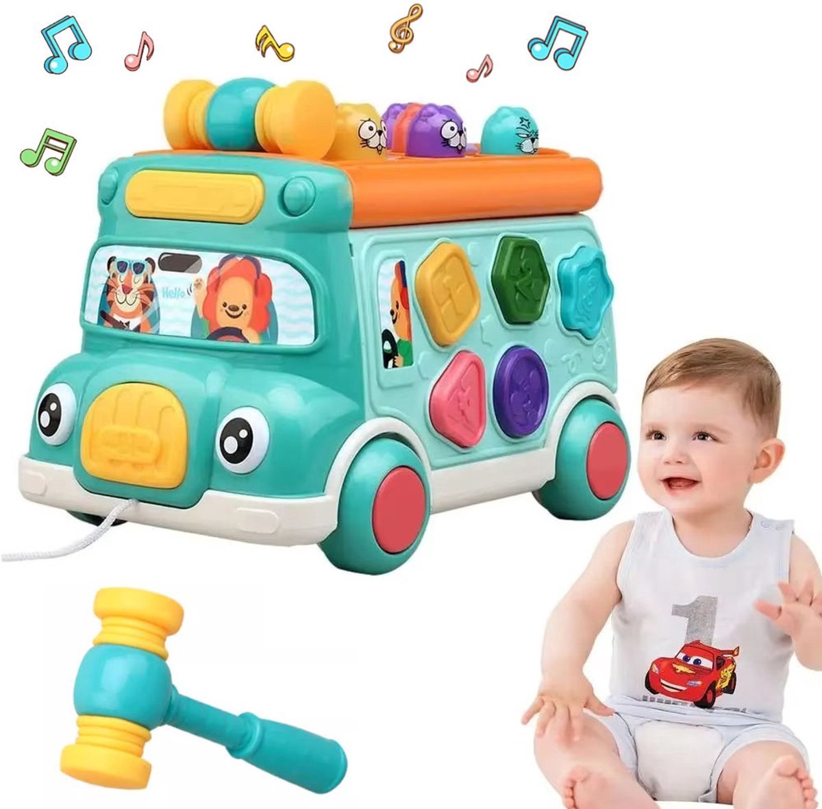 Baby Muzikale Activiteitenbus Speelgoed - Vroegschoolse Educatie - Geluid en Licht Leerauto - Licht Interactief Spel Whack-a-Mole Speelgoed - Vormen Sorteerder - Dieren Matchen - Verjaardagscadeau voor Baby's - Blauw