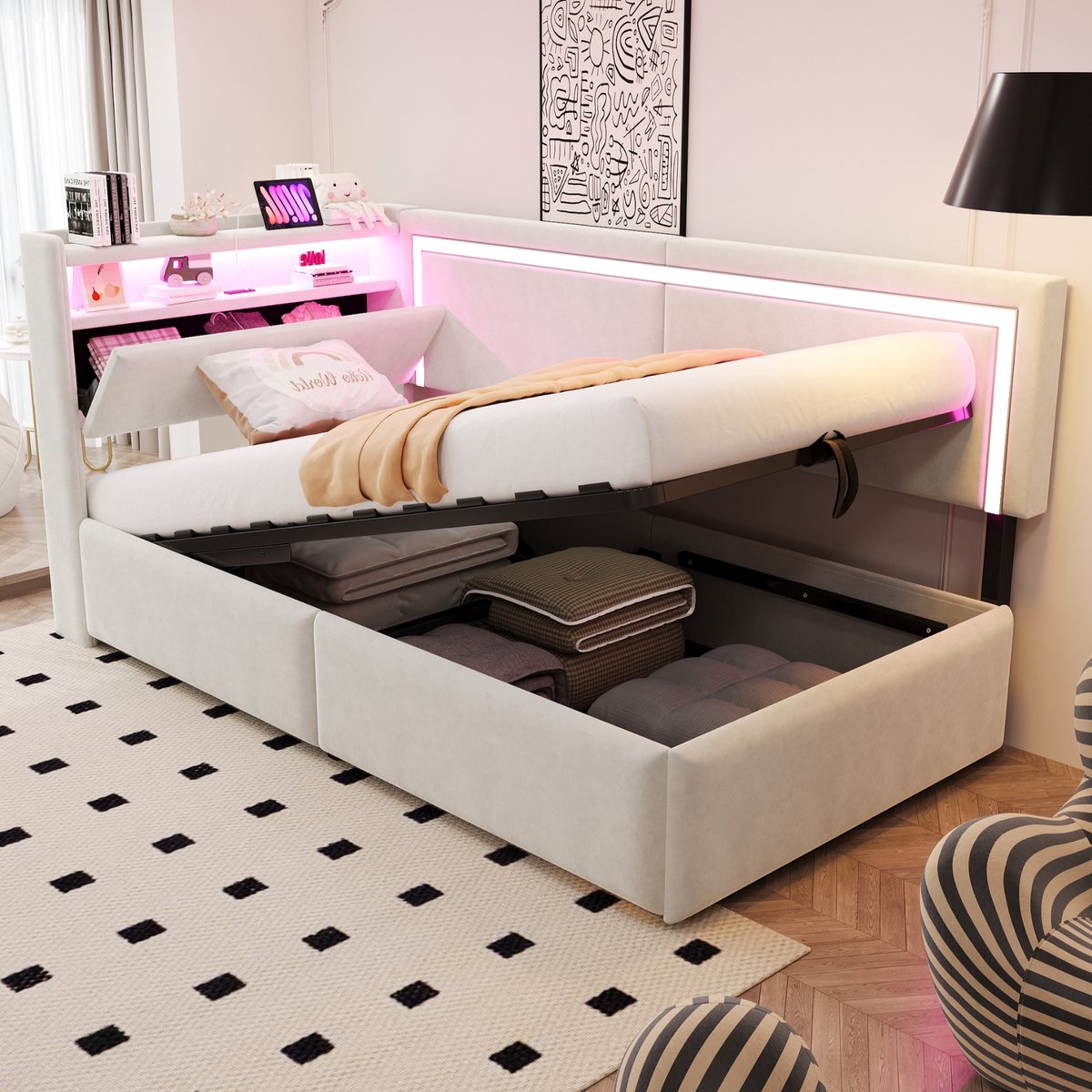 OKWISH Slaapbank 90x200cm – Met Ledverlichting En Usb Oplaadpunten – Hydraulische Opbergruimte – Zonder Matras – Fluweel Beige
