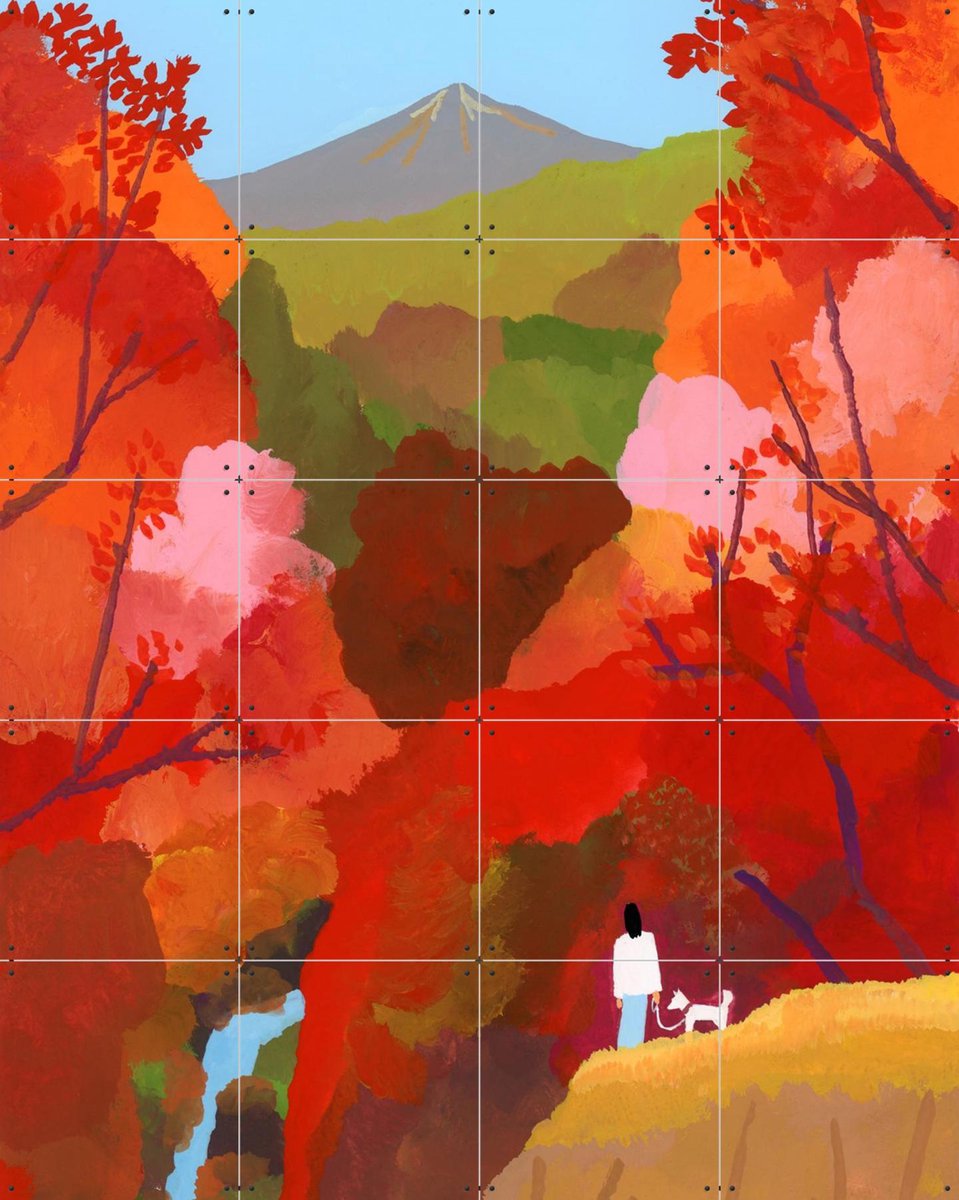 IXXI Autumn leaves and waterfalls, Hiroyuki Izutsu & Bridgeman Images - 80 x 100 cm - Gratis ophangtool - Grote wanddecoratie en posters - Kleurrijk