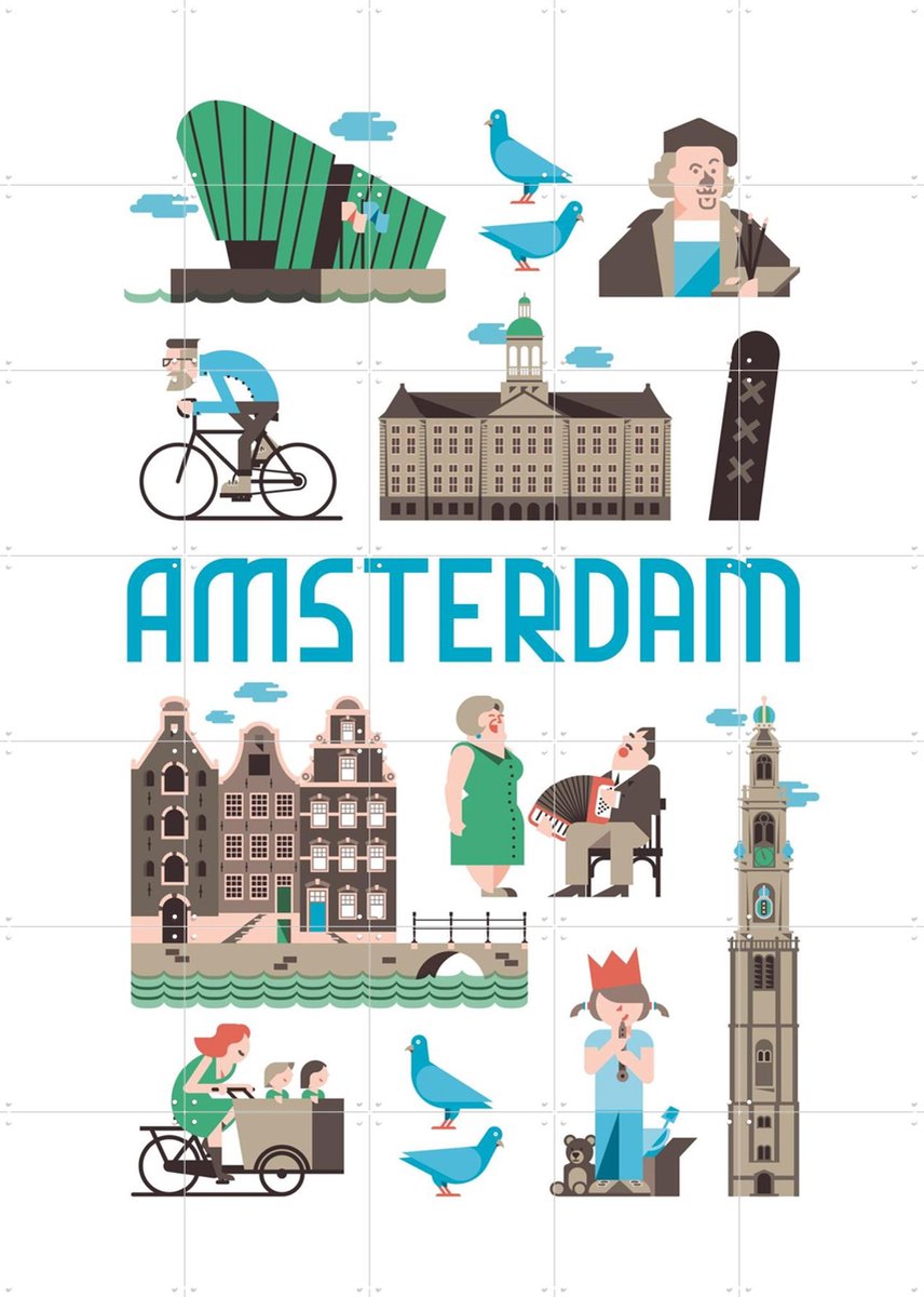 IXXI Amsterdam, Jochem Coenen & Kunst in Kaart - 100 x 140 cm - Gratis ophangtool - Grote wanddecoratie en posters - Illustraties, Cartoonesk