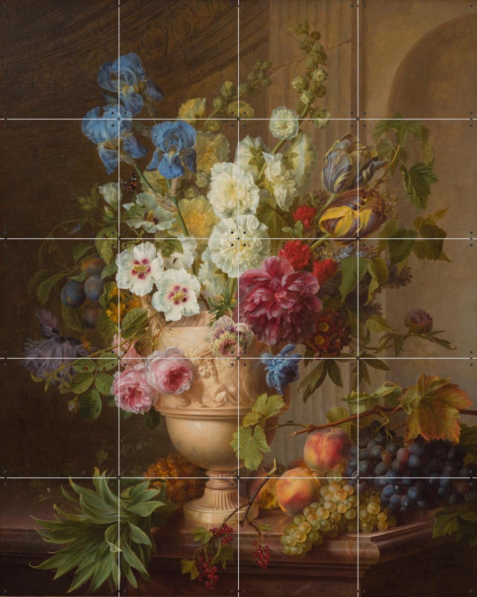IXXI Bloemen in een albasten vaas en vruchten op een marmeren blad, Gerard van Spaendonck & Het Noordbrabants Museum - 80 x 100 cm - Gratis ophangtool