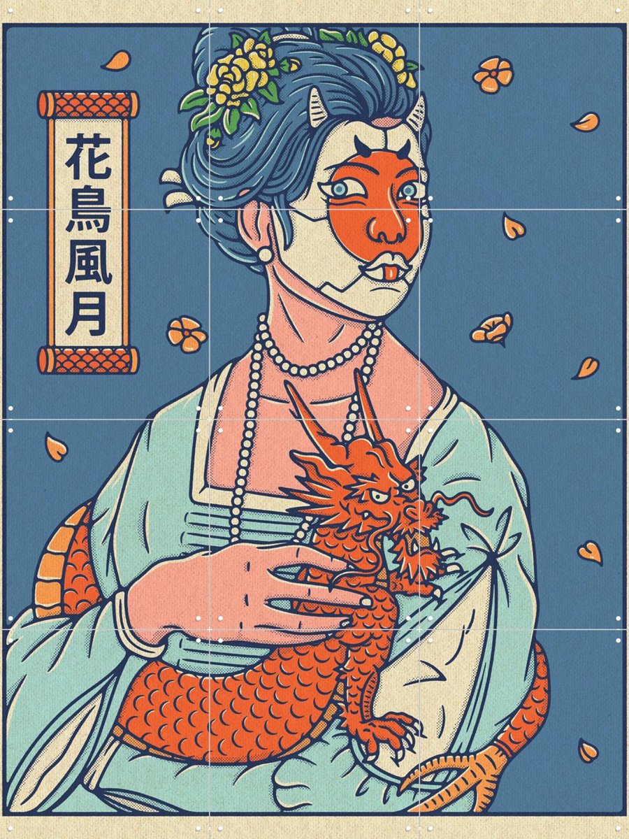 IXXI Lady with the Dragon, Ryan Ragnini - 60 x 80 cm - Gratis ophangtool - Grote wanddecoratie en posters - Grafisch Ontwerp, Illustraties, Kleurrijk