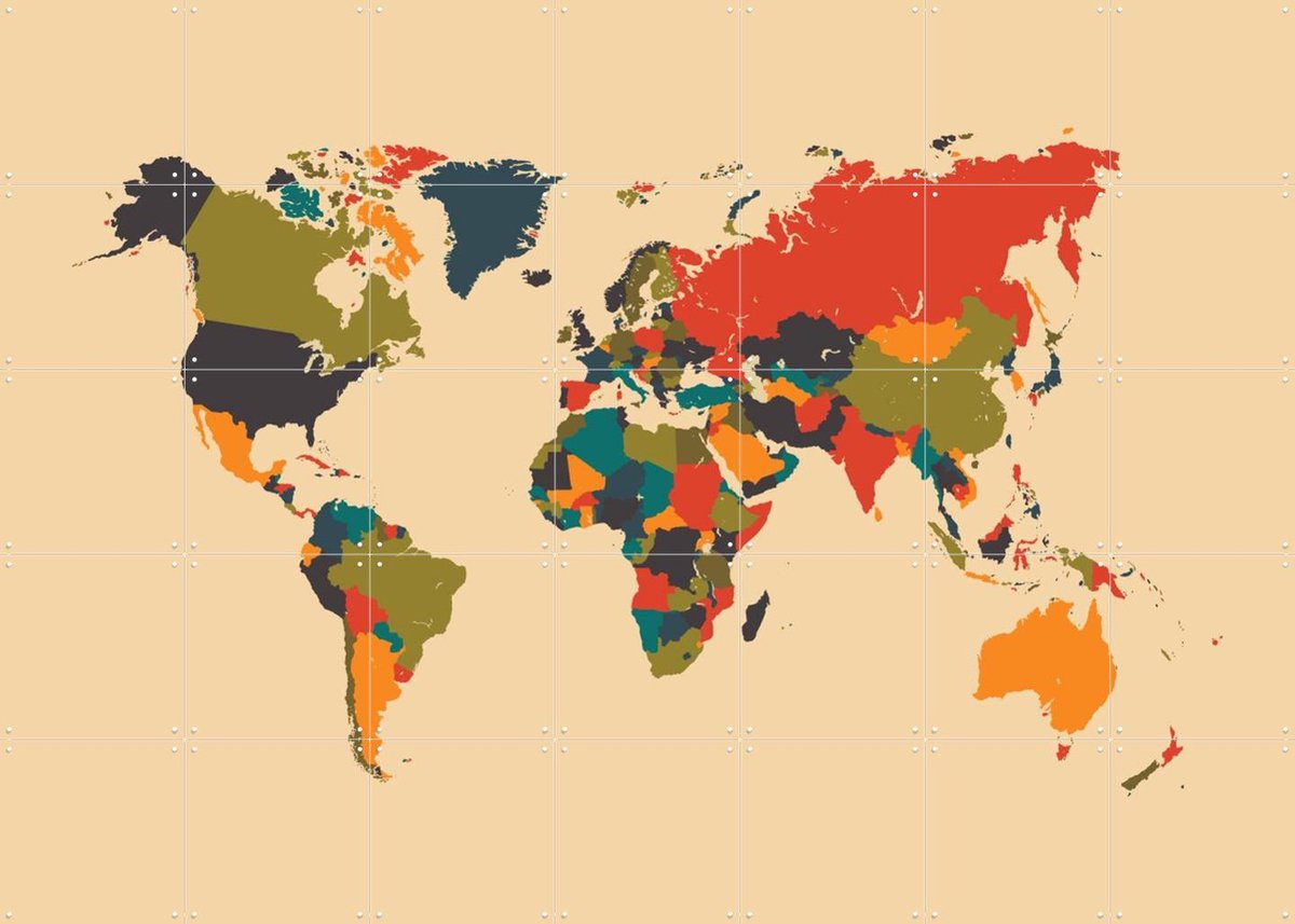 IXXI World Map Mosaic Autumn, Kunst in Kaart - 140 x 100 cm - Gratis ophangtool - Grote wanddecoratie en posters - Digitale Kunst, Geometrische Kunst